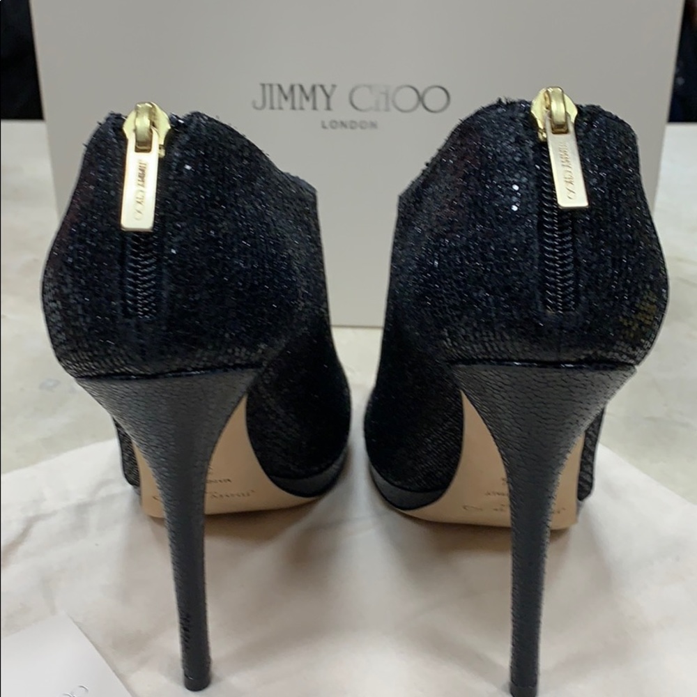 JIMMY CHOO GLINT BLACK KID LEATHER STILETTOS W/PLATFORM BOOTIES EU38.5 - Picture 4 of 8